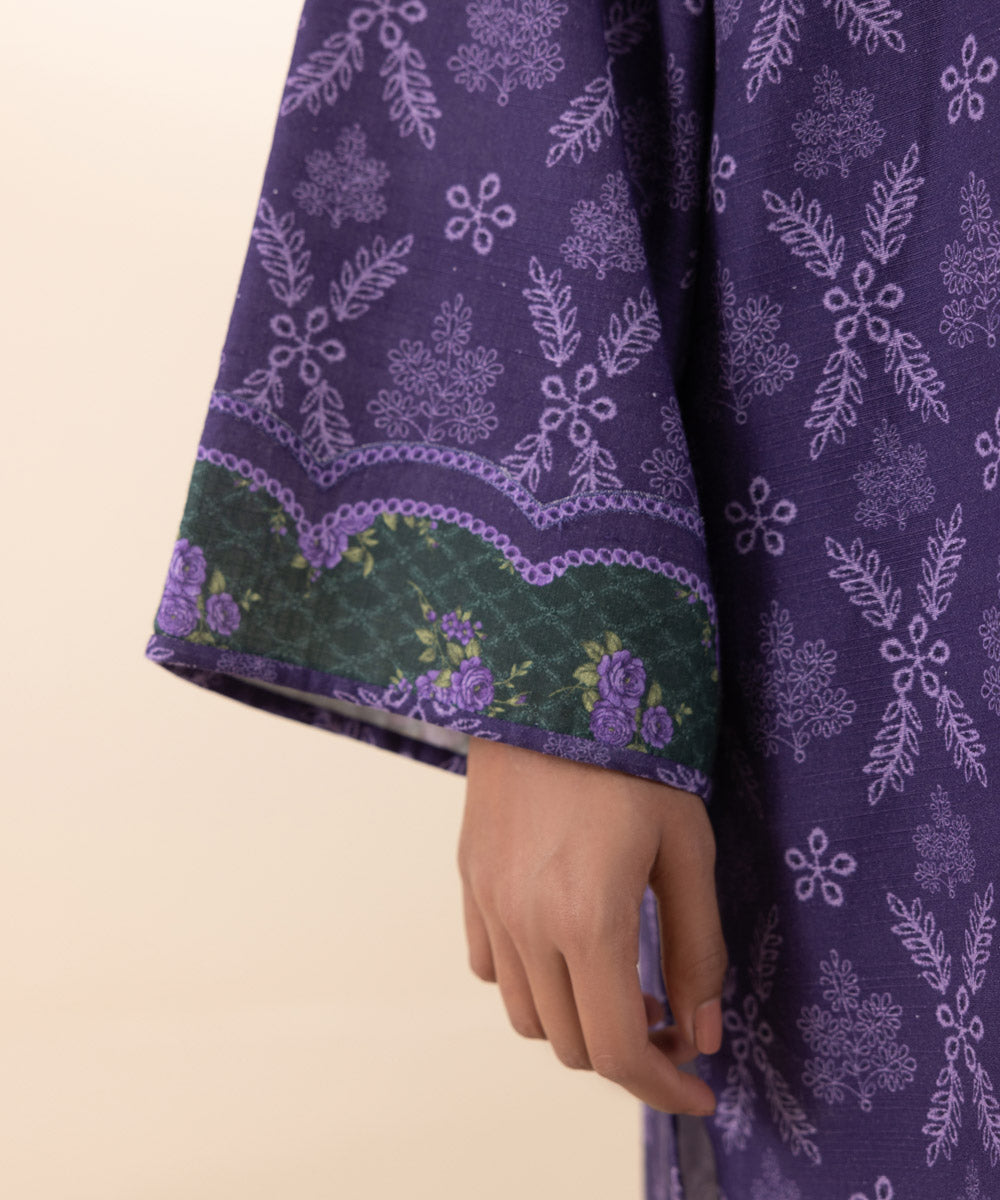 Women's Unstitched Khaddar Purple Printed 3 Piece Suit