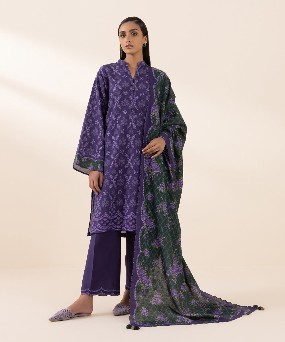 Women's Unstitched Khaddar Purple Printed 3 Piece Suit