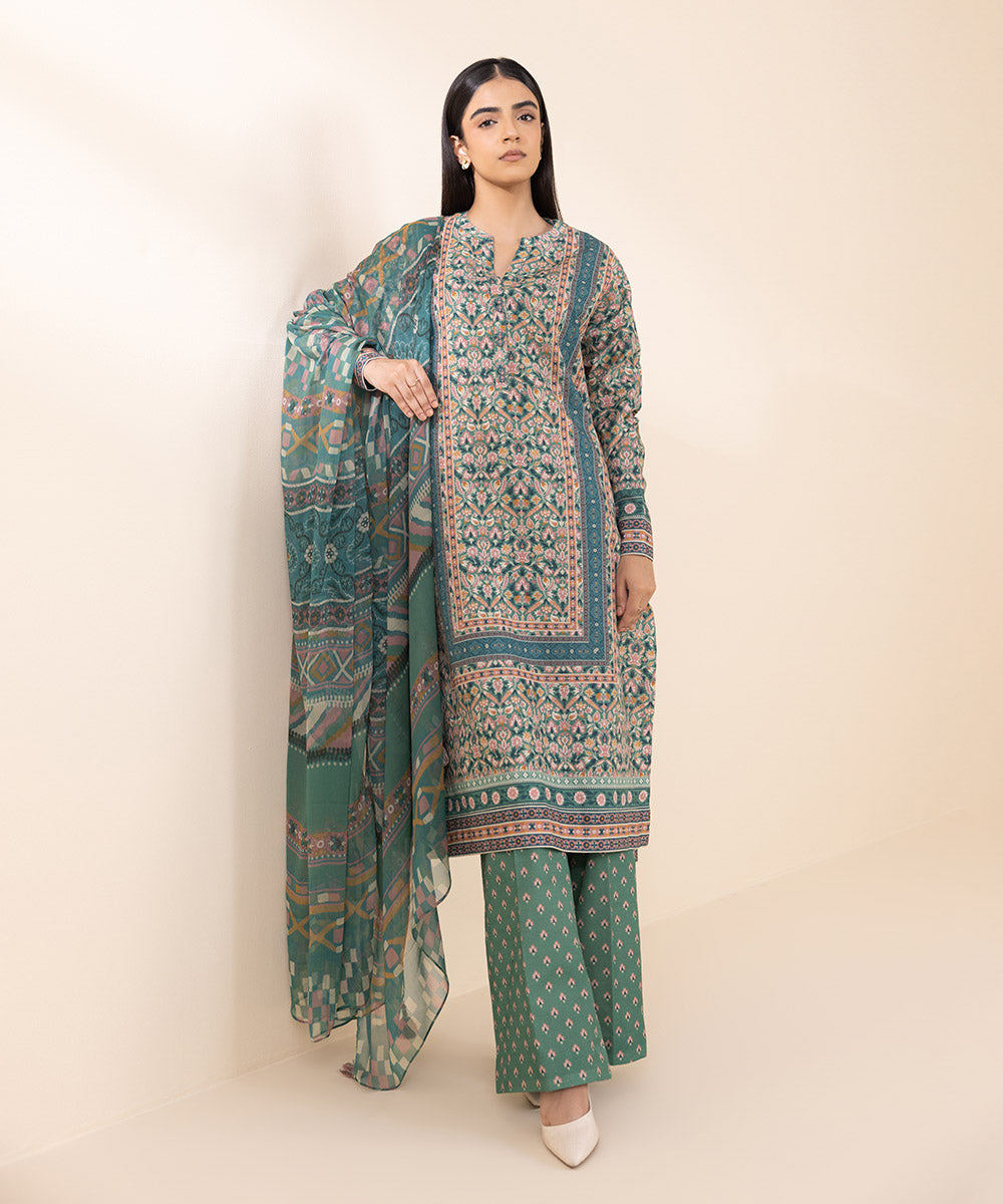 Women's Unstitched Khaddar Printed Green 3 Piece Suit