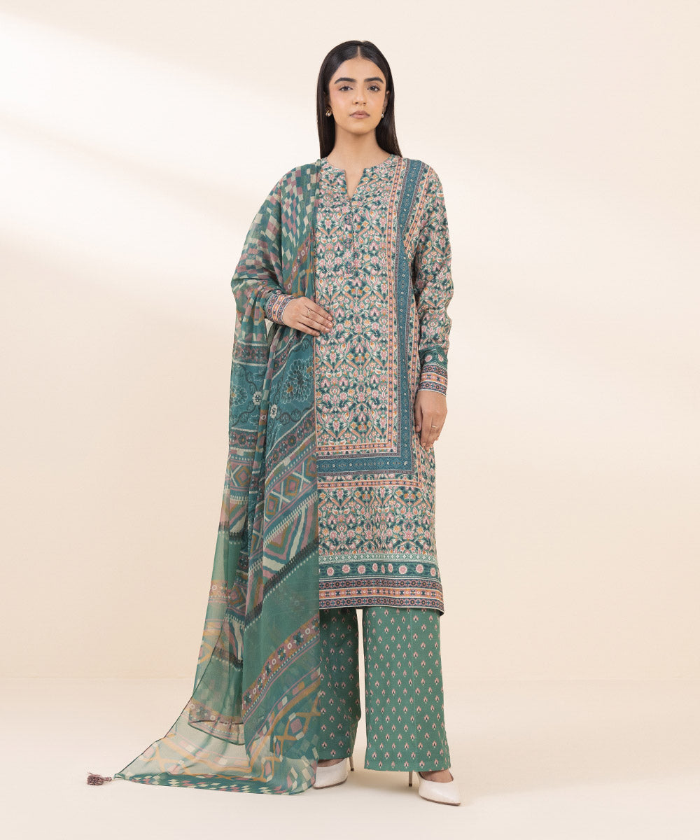 Women's Unstitched Khaddar Printed Green 3 Piece Suit