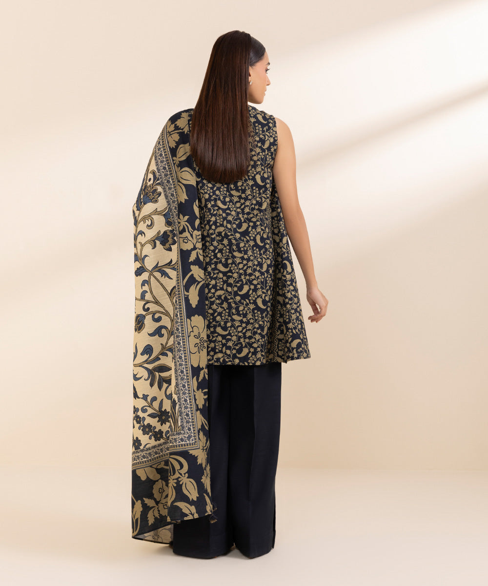 Women's Unstitched Khaddar Printed Black 2 Piece Suit