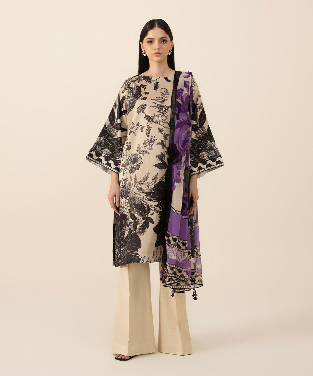 Women's Intermix Unstitched Blended Satin Beige 3 Piece Suit