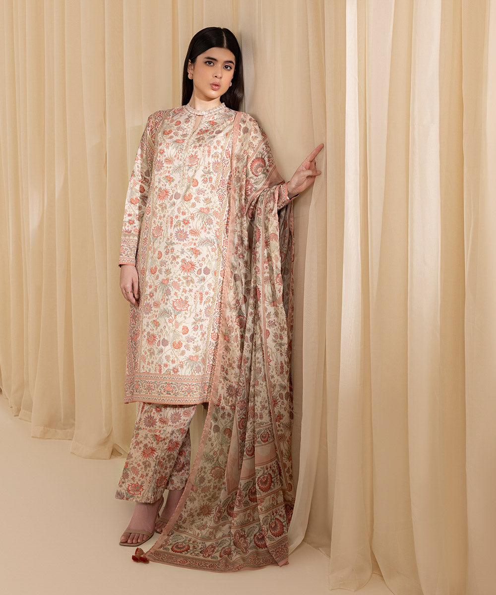 Women's Unstitched Printed Blended Grip Silk Beige 3 Piece Suit