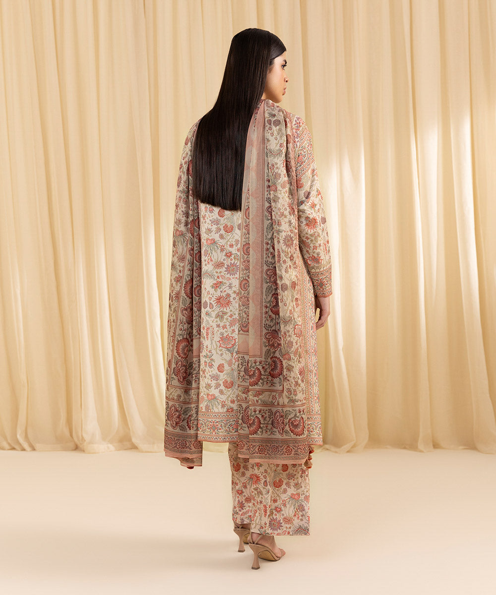 Women's Unstitched Printed Blended Grip Silk Beige 3 Piece Suit