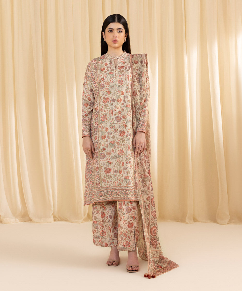 Women's Unstitched Printed Blended Grip Silk Beige 3 Piece Suit