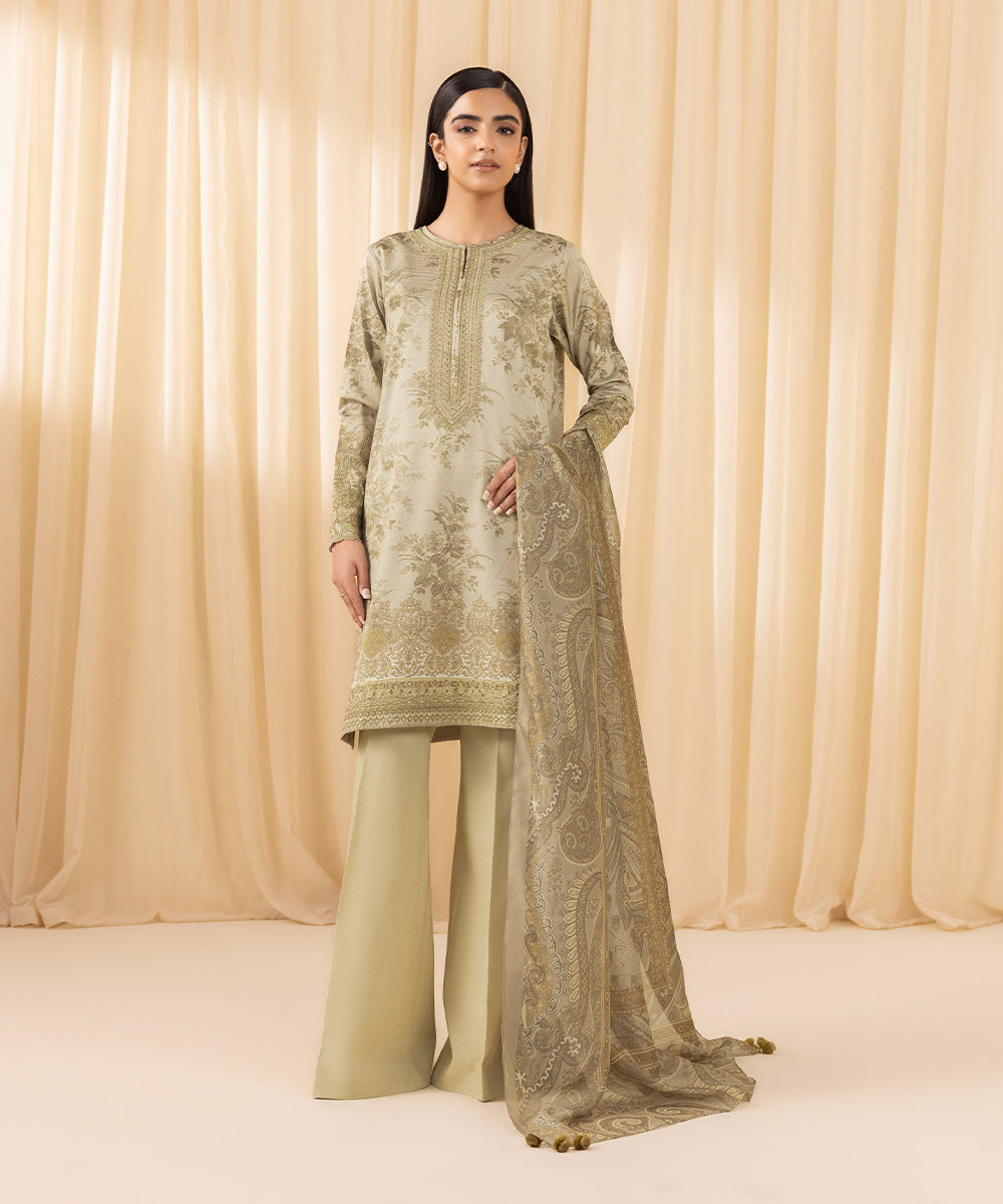 Women's Unstitched Embroidered Blended Satin Grey 3 Piece Suit