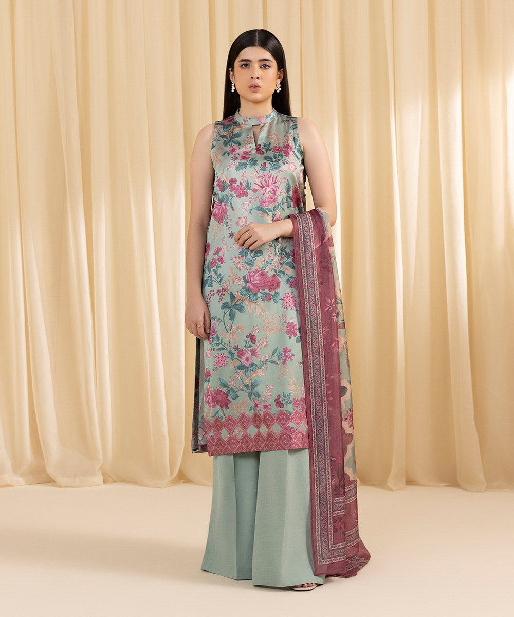 Women's Unstitched Printed Blended Satin Multi 3 Piece Suit