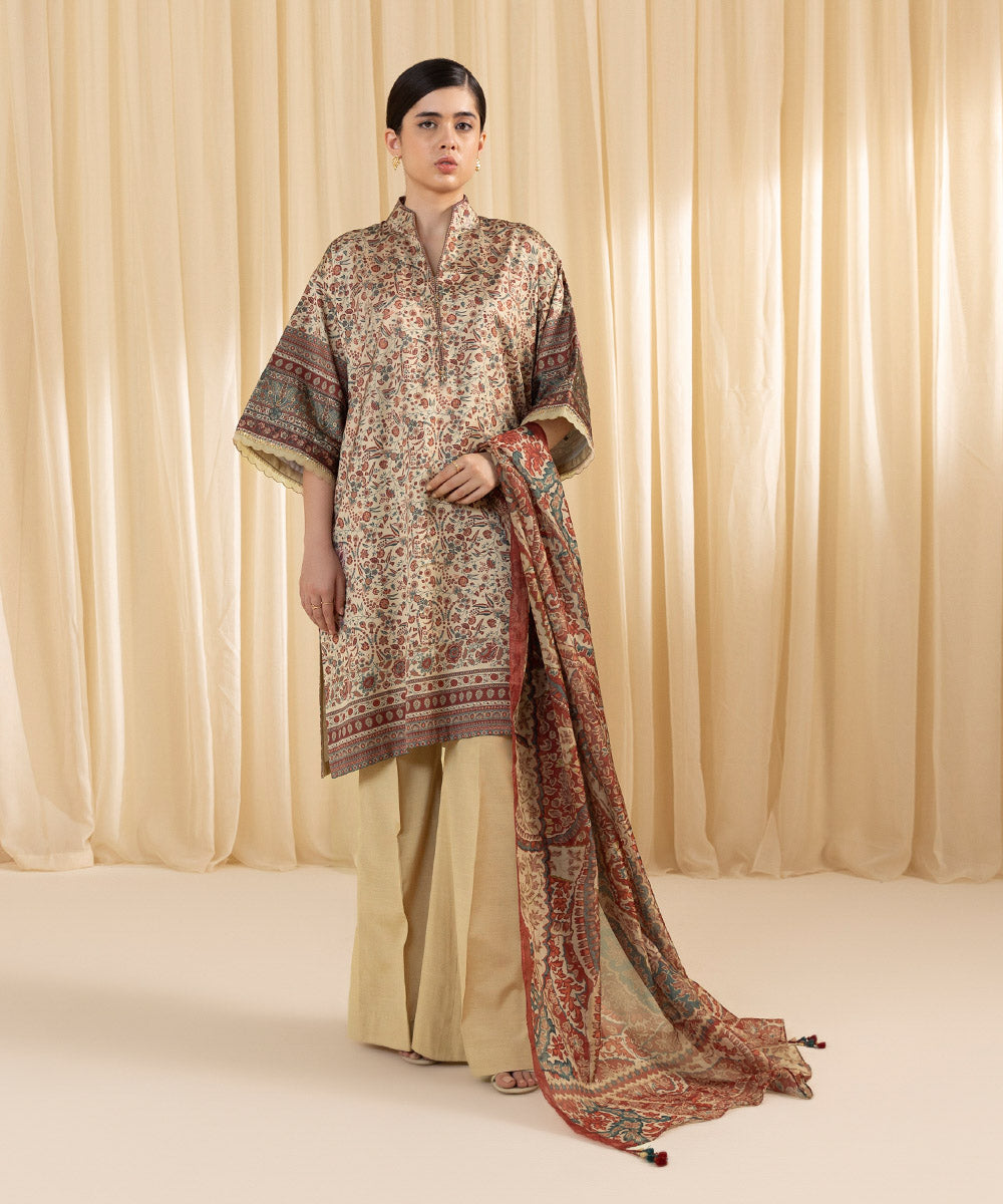 Women's Unstitched Printed Blended Satin Multi 3 Piece Suit