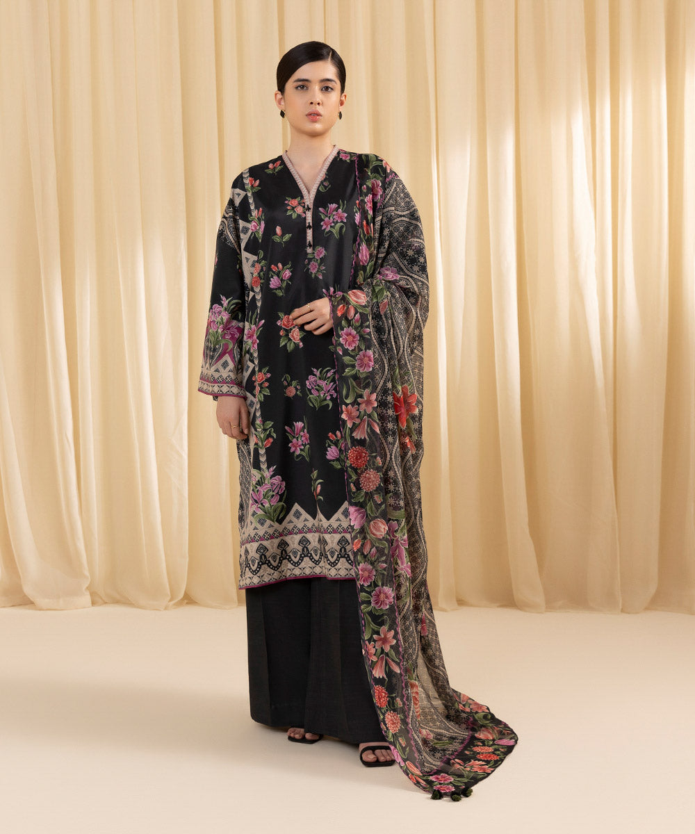 Women's Unstitched Printed Blended Satin Black 3 Piece Suit