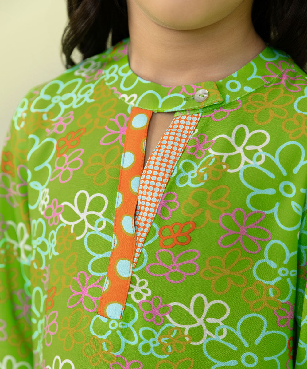 Girls Green 2 Piece Printed Raw silk Suit