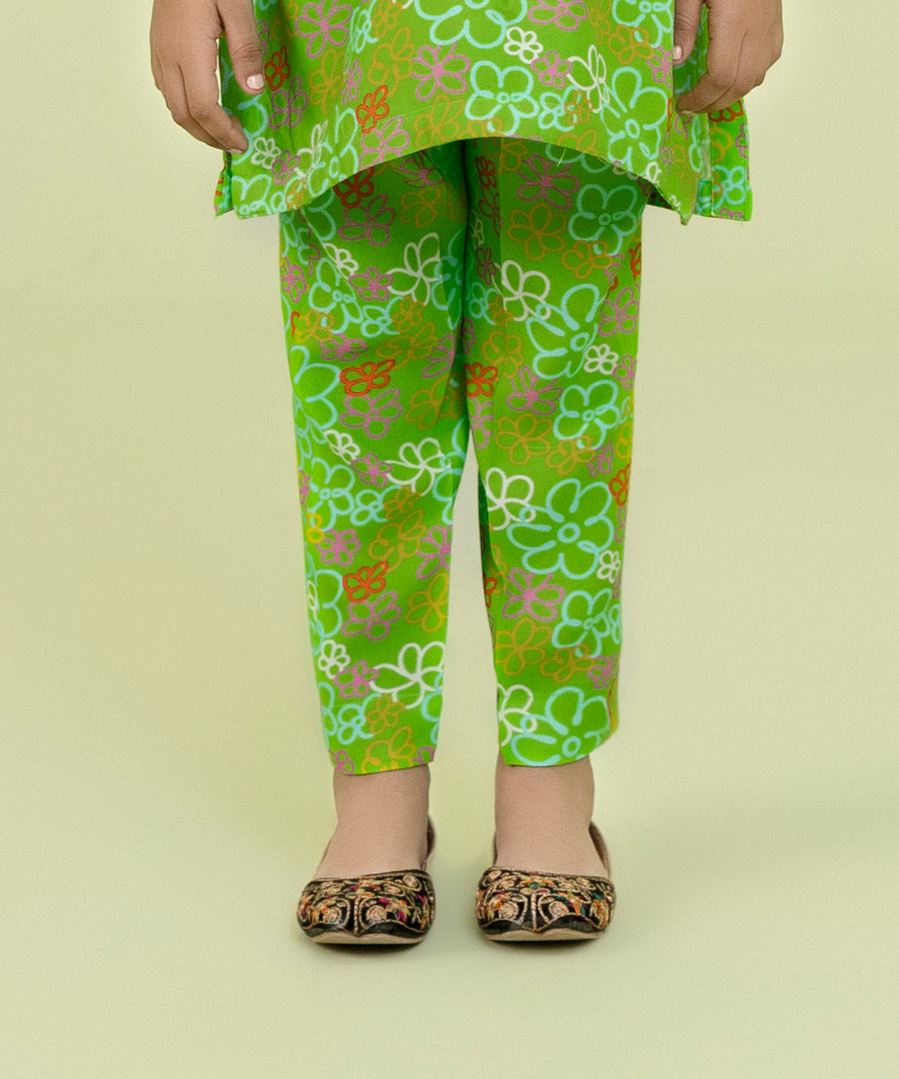 Girls Green 2 Piece Printed Raw silk Suit