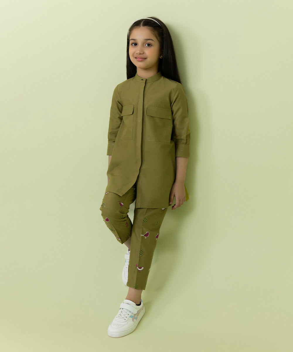 Girls Olive Green 2 Piece Embroidered Cambric Set