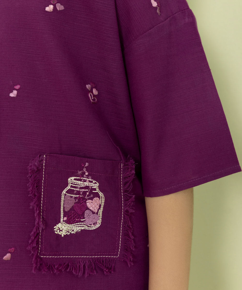 Girls Purple 2 Piece Embroidered Khaddar Set