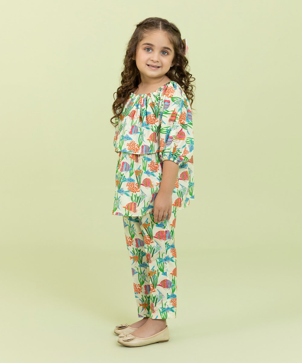 Girls Off White 2 Piece Printed Cambric Set