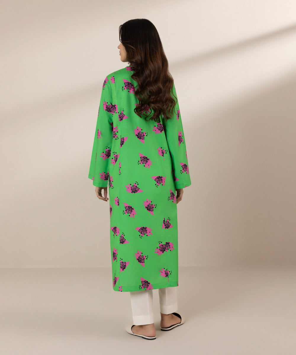 Women's Pret Cambric Printed Green Straight Shirt