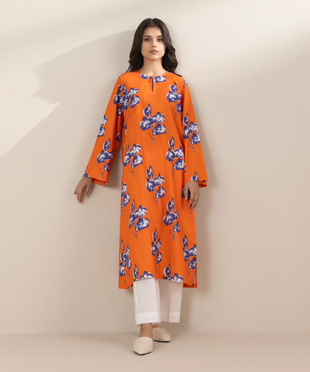 Women's Pret Cambric Printed Orange Straight Shirt