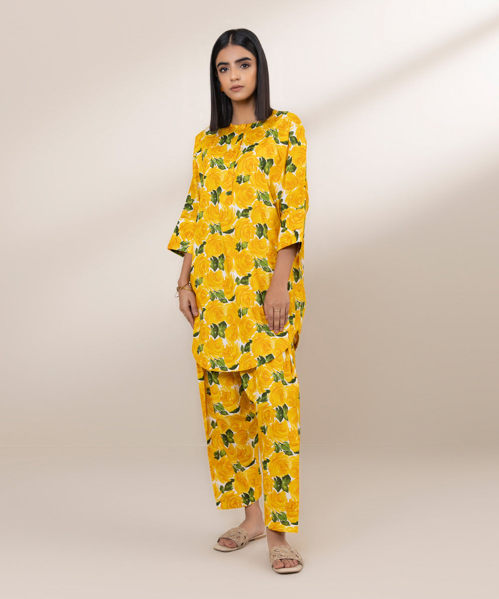 Women's Pret Cambric Printed Yellow Drop Shoulder Shirt