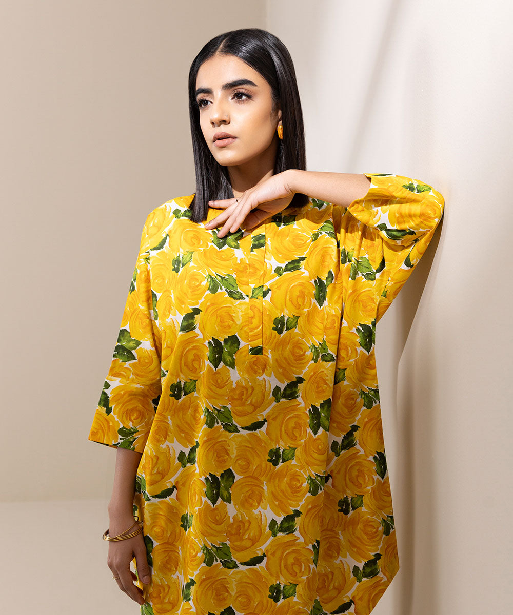 Women's Pret Cambric Printed Yellow Drop Shoulder Shirt