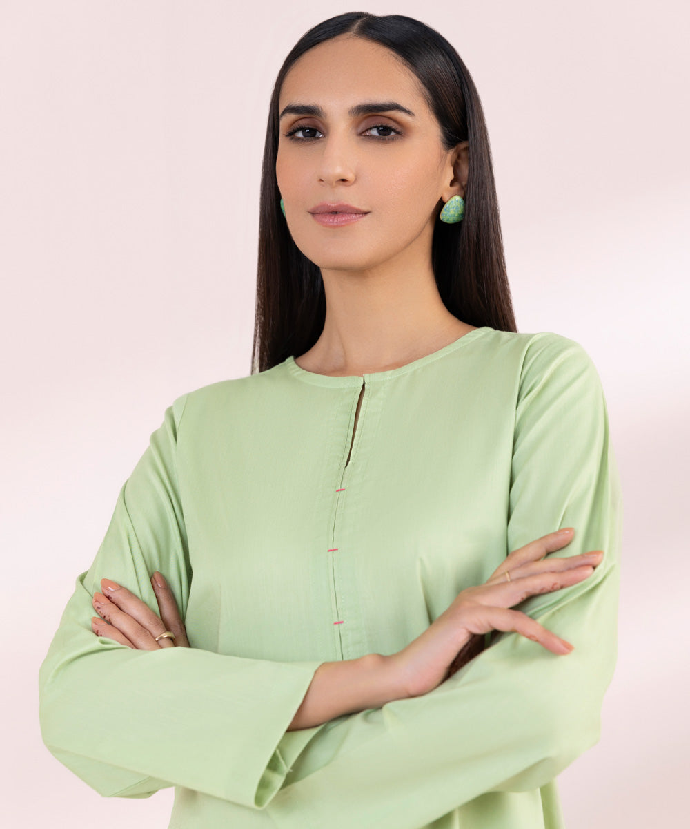 Women's Pret Cotton Green Solid Straight Shirt