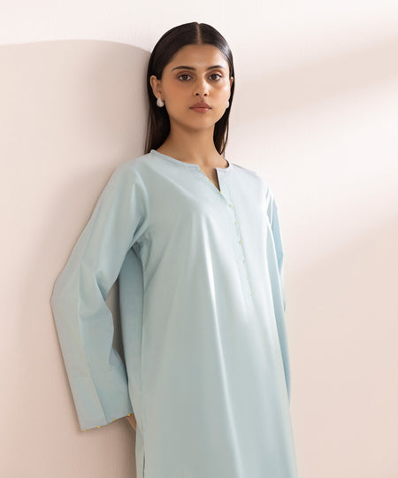 Women's Pret Cotton Blue Solid Straight Shirt