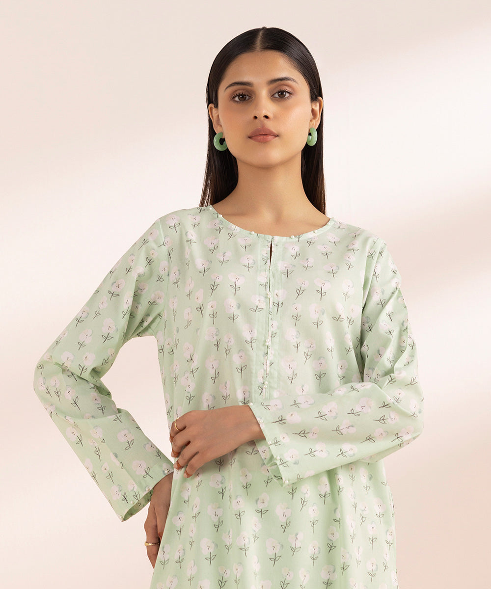 Women's Pret Cotton Green Printed A-Line Shirt