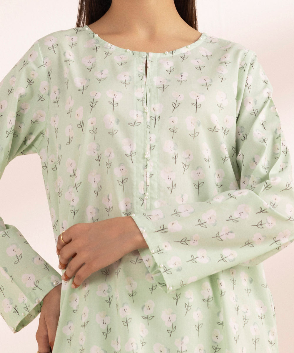 Women's Pret Cotton Green Printed A-Line Shirt
