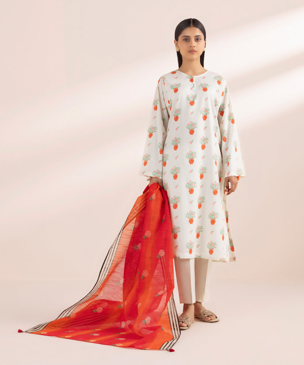 Blended Raw Net Red Printed Dupatta
