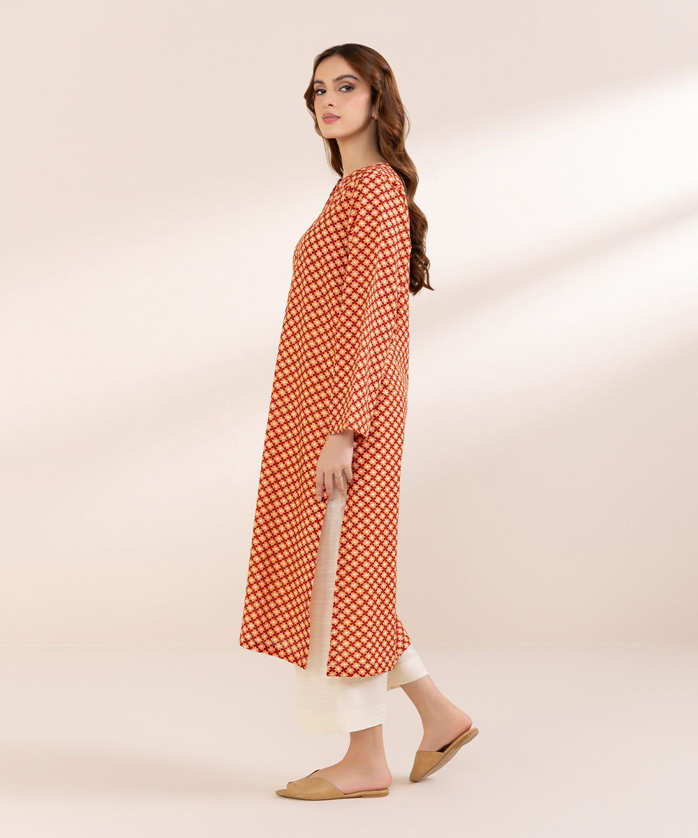 Women's Pret Khaddar Orange Printed Straight Shirt