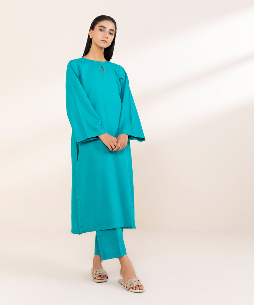 Women's Pret Teal Solid Khaddar Shirt