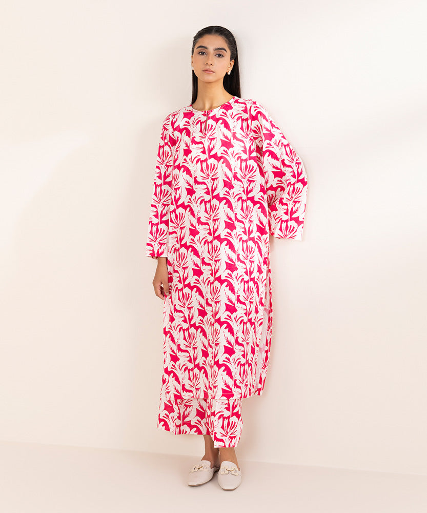 Women's Pret Pink And White Printed Khaddar Shirt