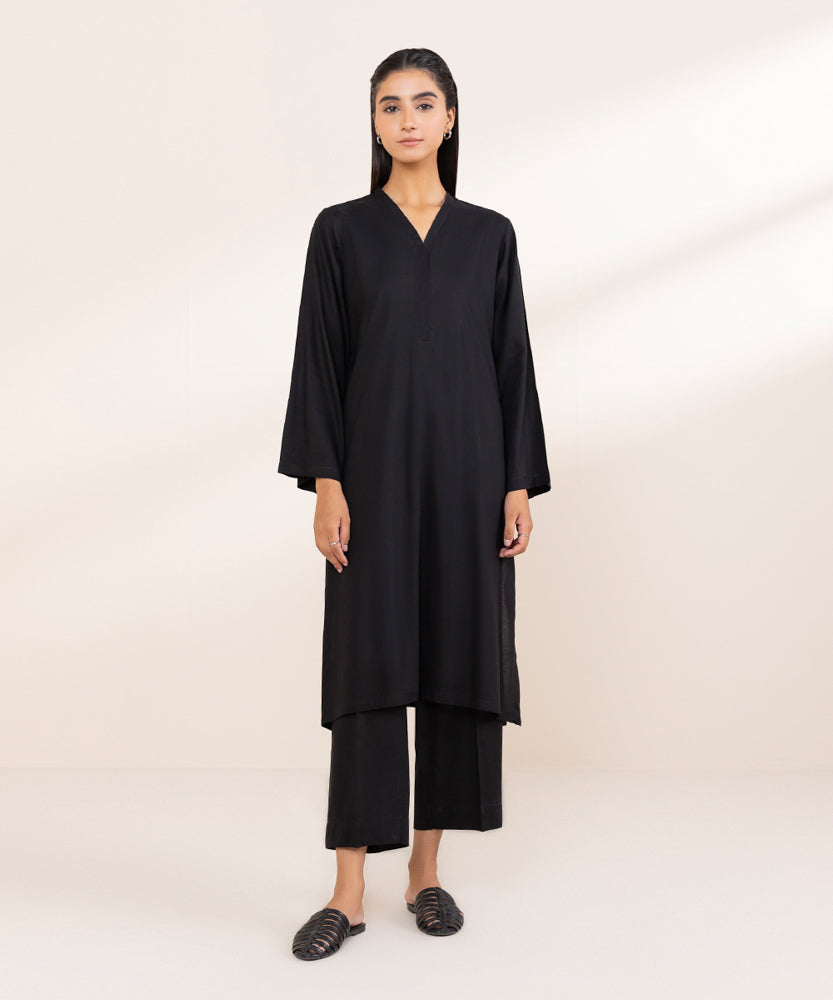 Women's Pret Black Solid Linen Shirt