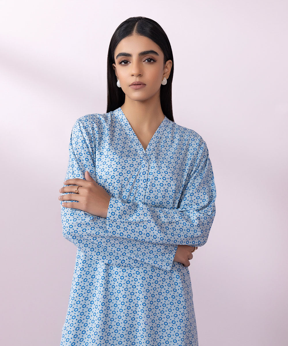 Women's Pret Arabic Lawn Printed Blue A-Line Shirt