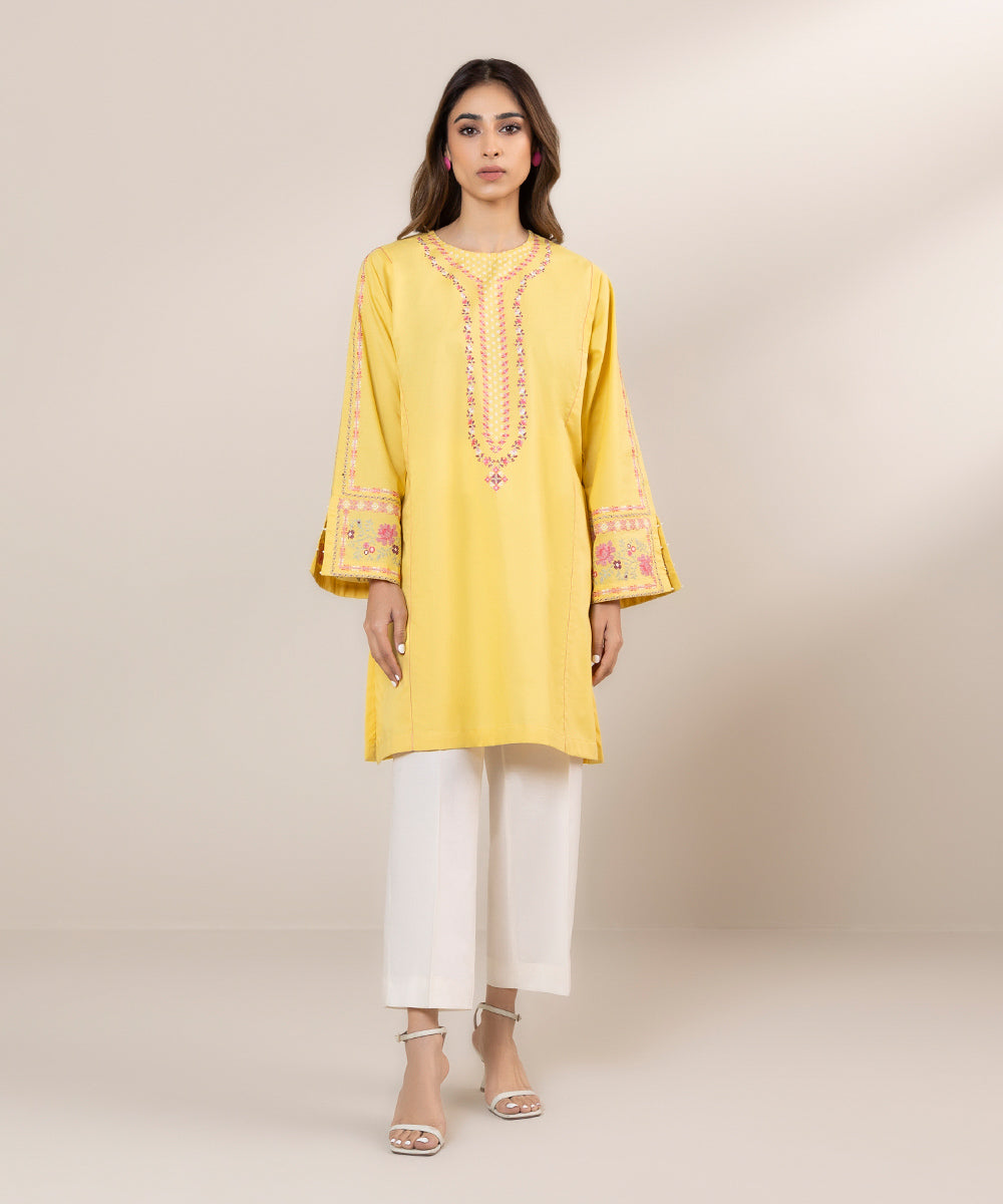 Women's Pret Cambric Solid Embroidered Yellow A-Line Shirt
