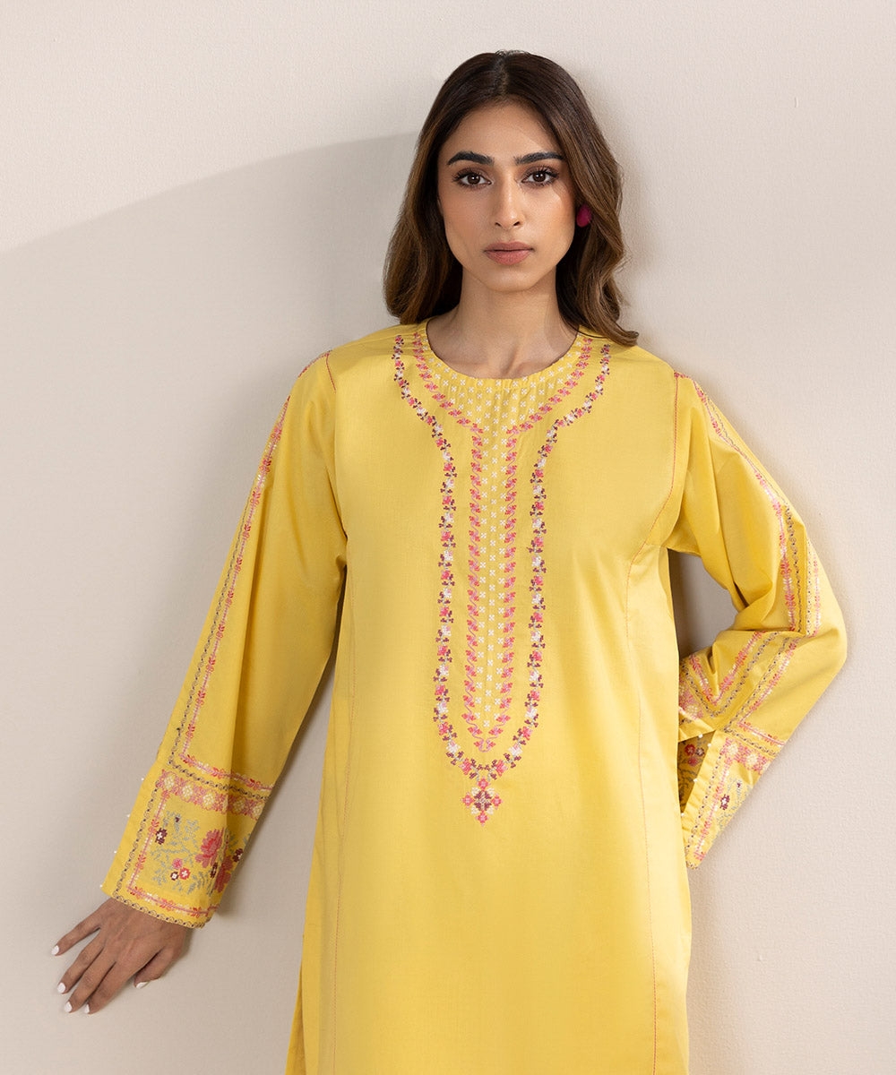 Women's Pret Cambric Solid Embroidered Yellow A-Line Shirt