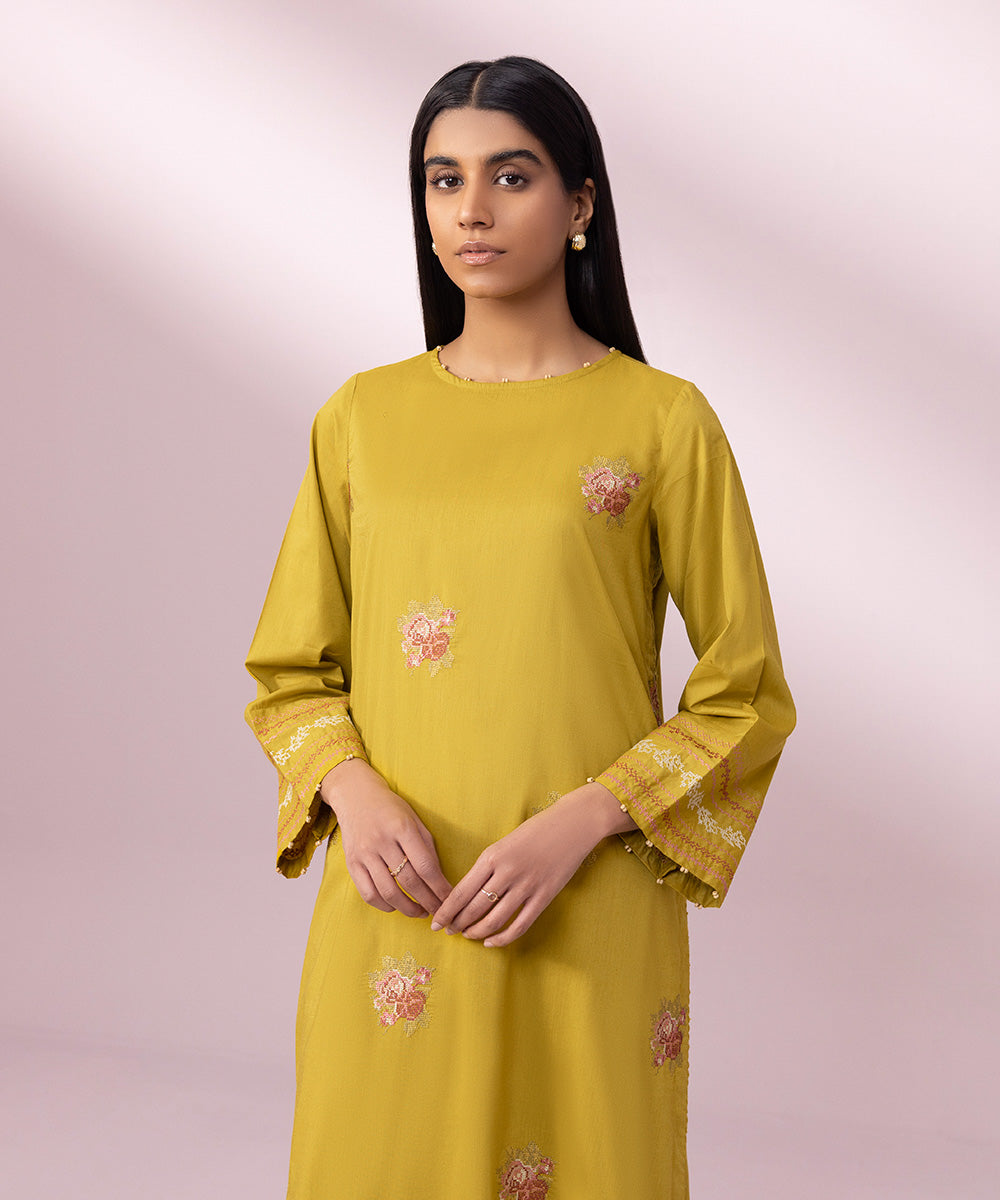 Women's Pret Cotton Embroidered Yellow Straight Shirt