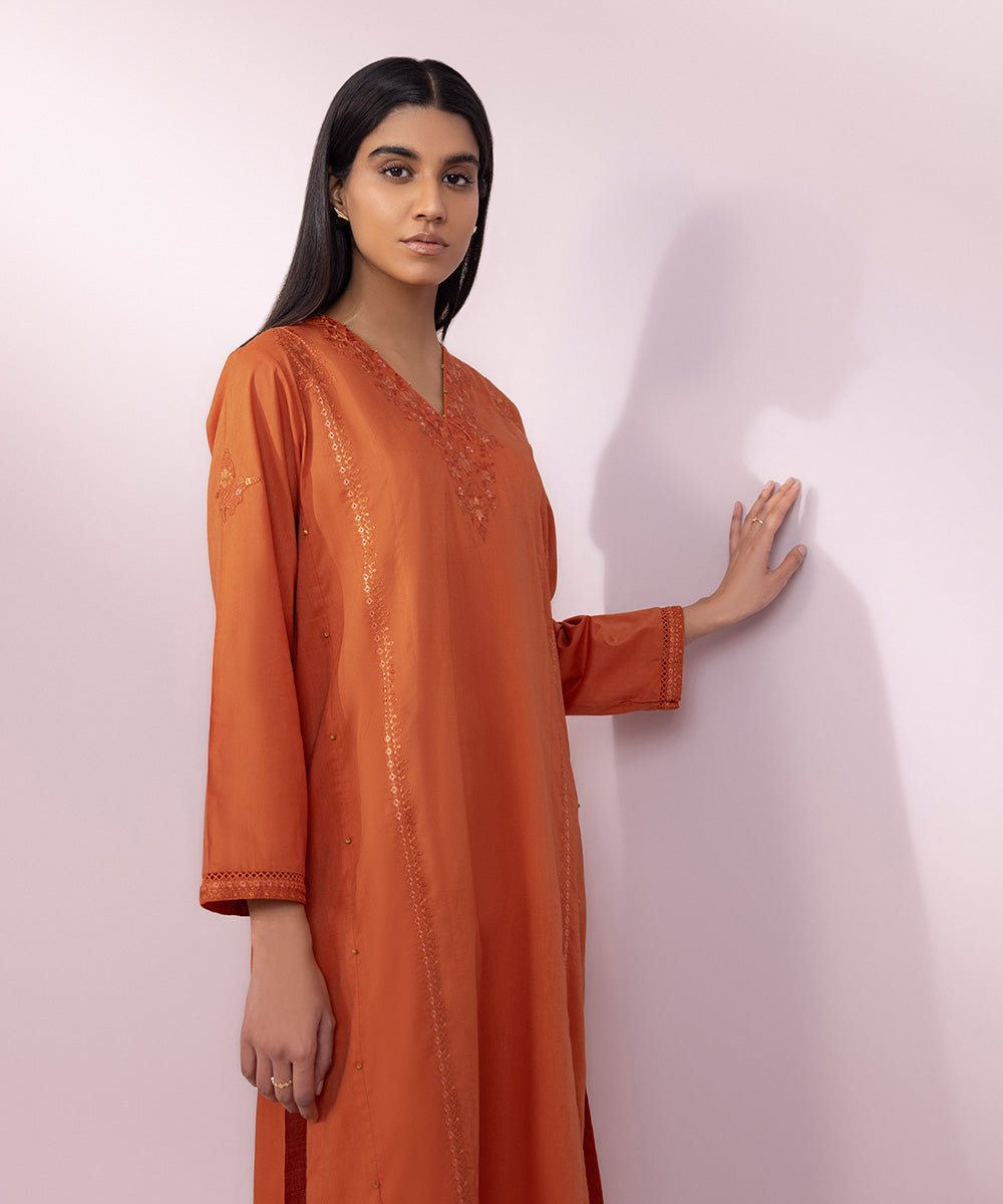 Women's Pret Cotton Embroidered Orange A-Line Shirt