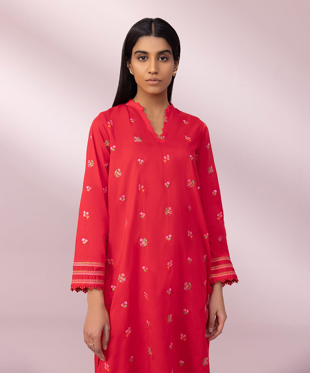 Women's Pret Lawn Embroidered Red Straight Shirt