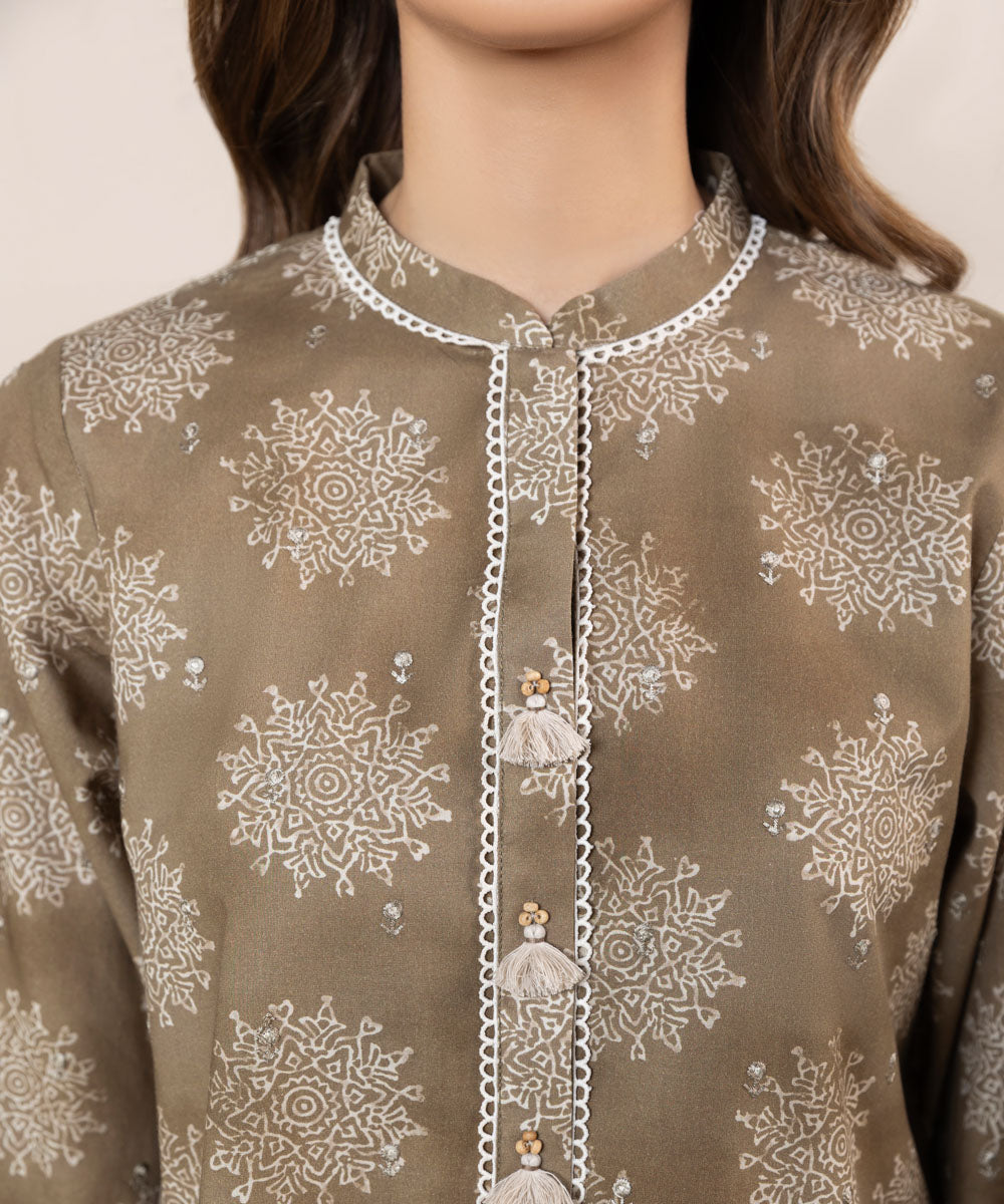 Women's Pret Cambric Printed Embroidered Brown Straight Shirt