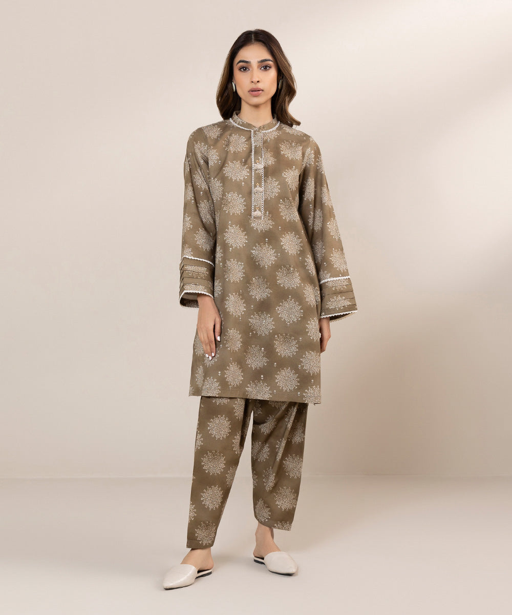 Women's Pret Cambric Printed Embroidered Brown Straight Shirt