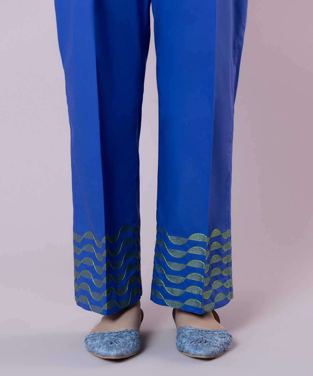 Women's Pret Cambric Embroidered Blue Straight Pants