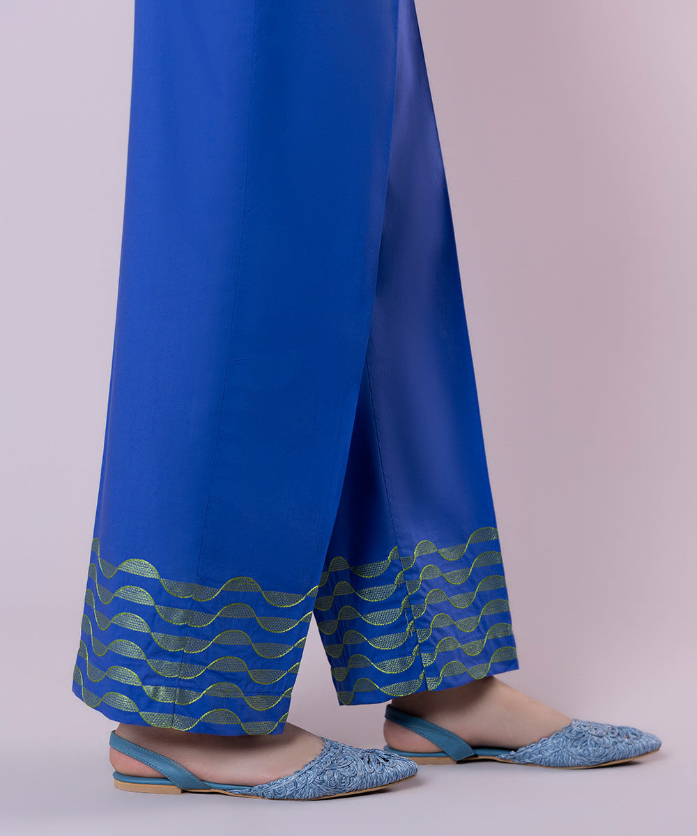 Women's Pret Cambric Embroidered Blue Straight Pants