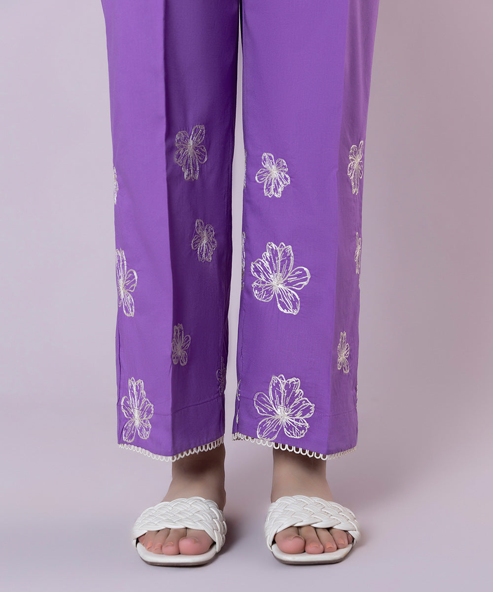 Women's Pret Cambric Embroidered Purple Straight Pants