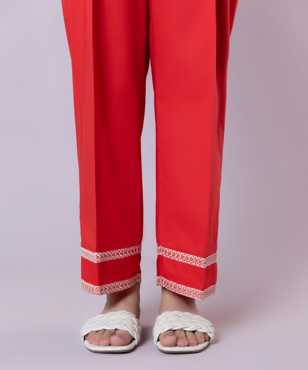 Women's Pret Cambric Embroidered Red Straight Pants