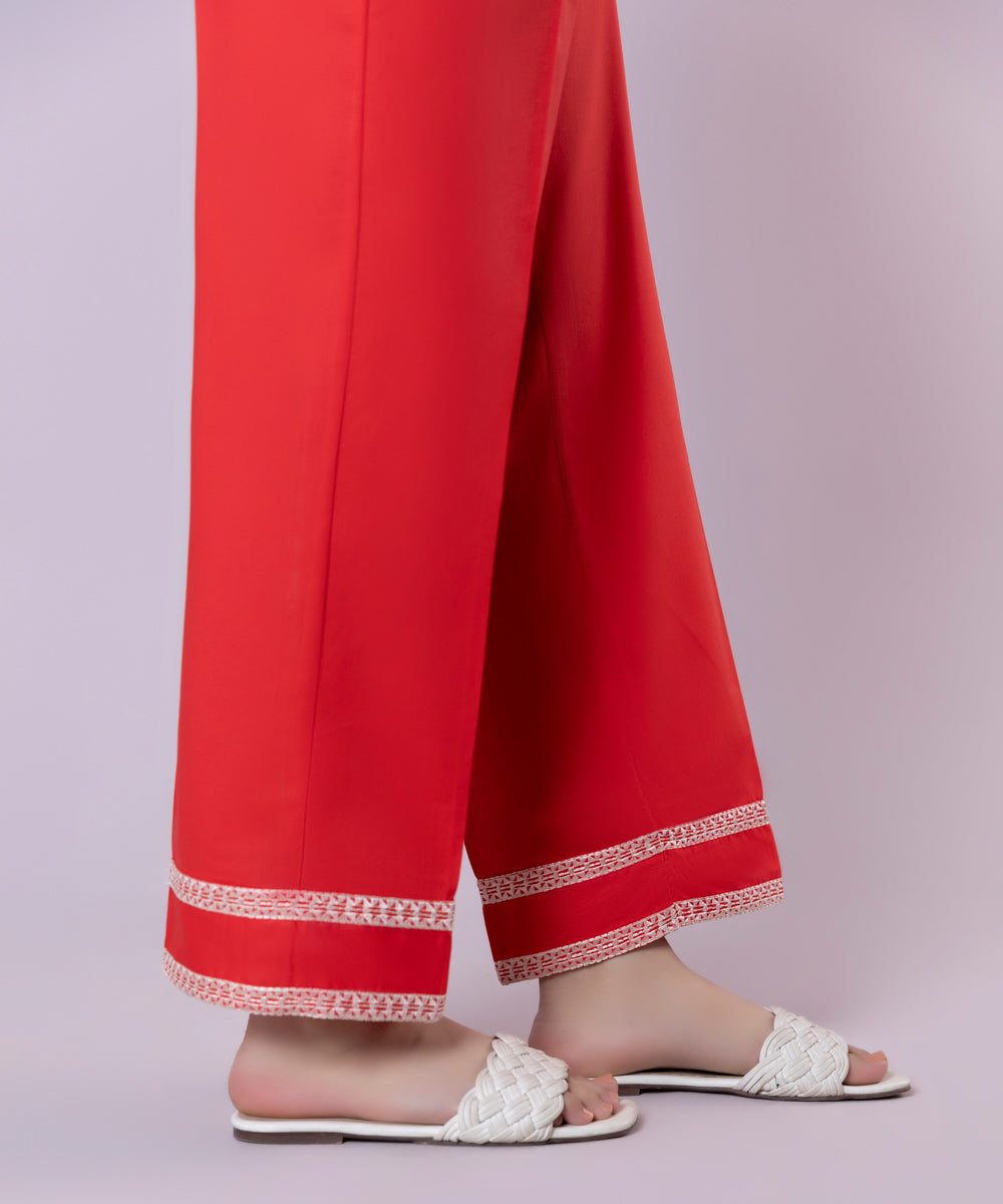 Women's Pret Cambric Embroidered Red Straight Pants