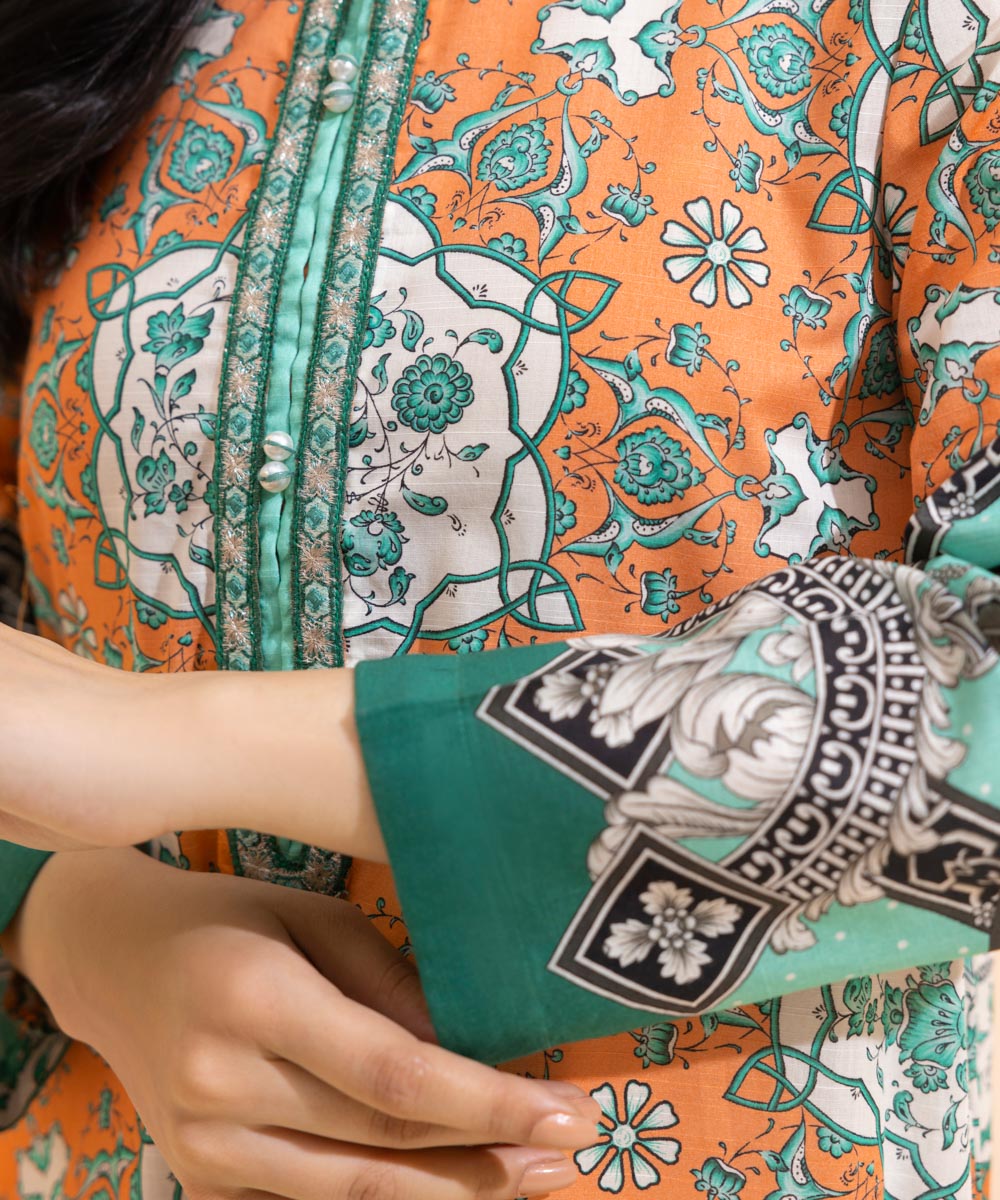 Women's Eid Pret Textured Cotton Embroidered Orange 2 Piece Suit