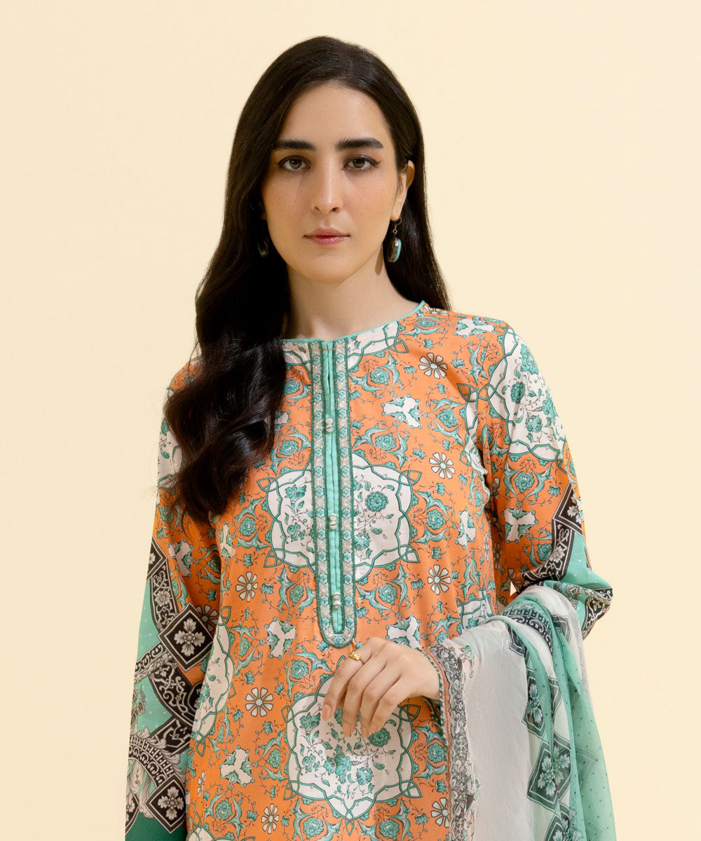 Women's Eid Pret Textured Cotton Embroidered Orange 2 Piece Suit