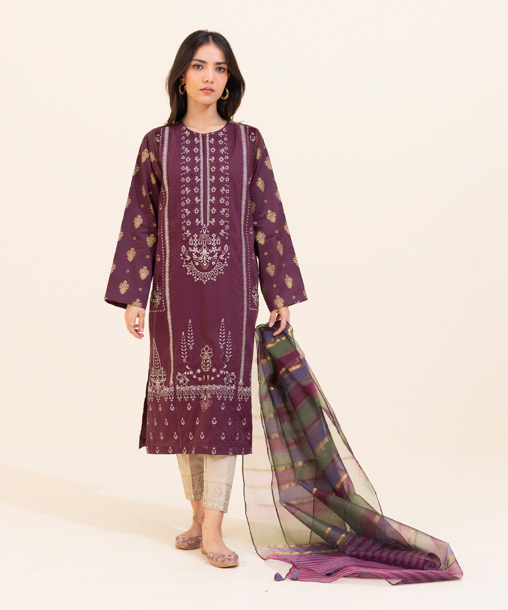 Women's Eid Pret Cotton Satin Embroidered Plum 2 Piece Suit