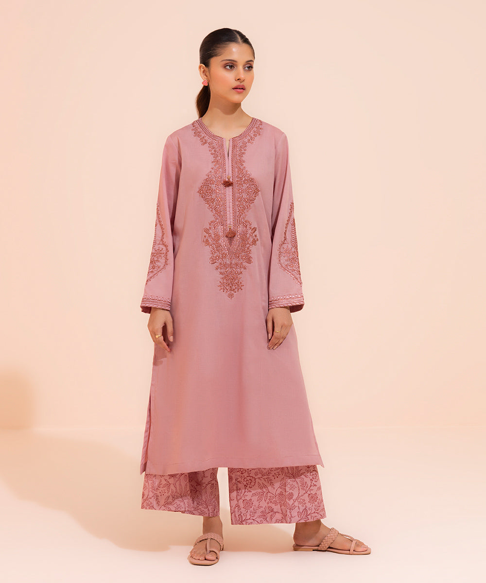 Women's Eid Pret Textured Cotton Embroidered Reddish Pink 2 Piece Suit