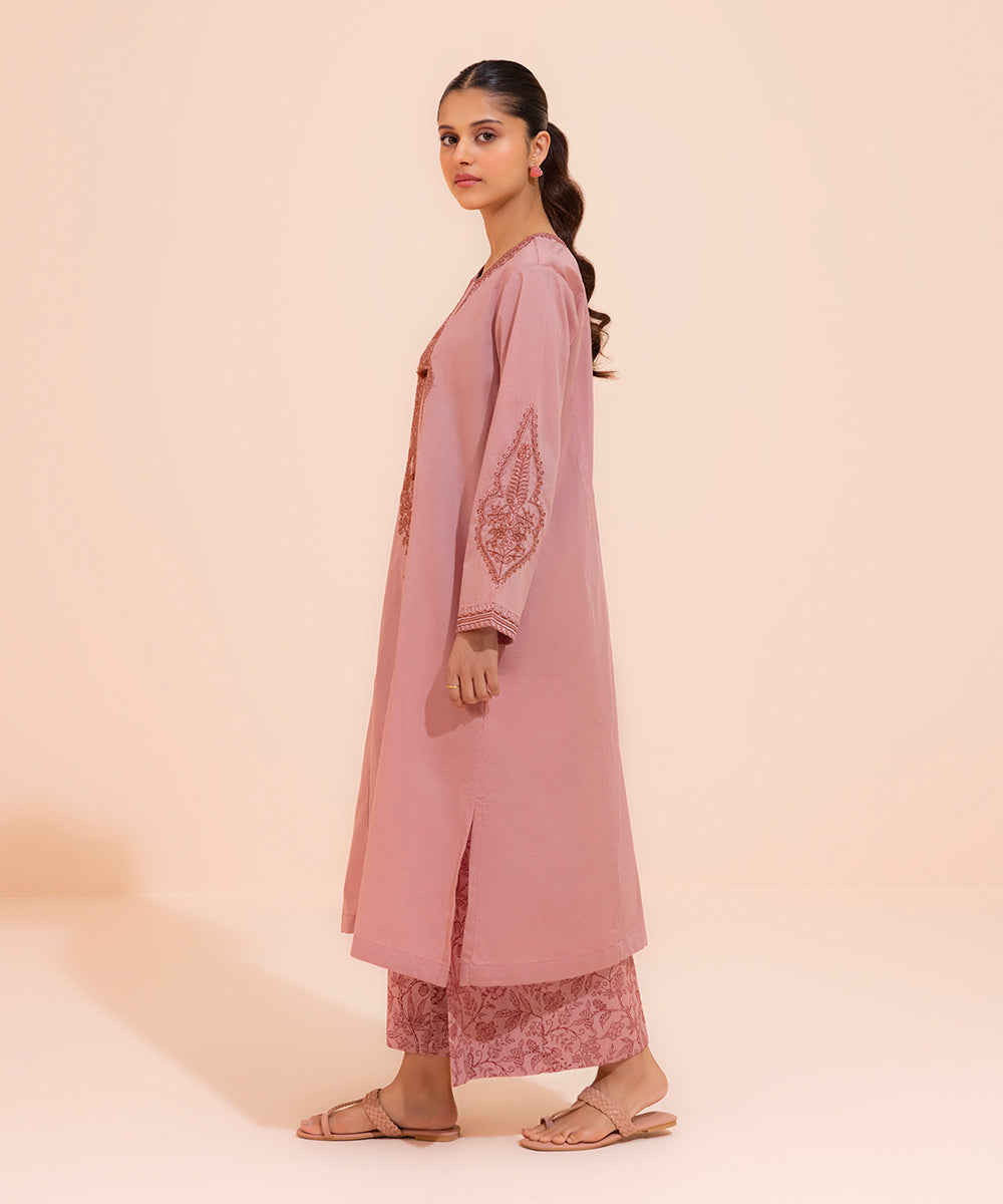 Women's Eid Pret Textured Cotton Embroidered Reddish Pink 2 Piece Suit