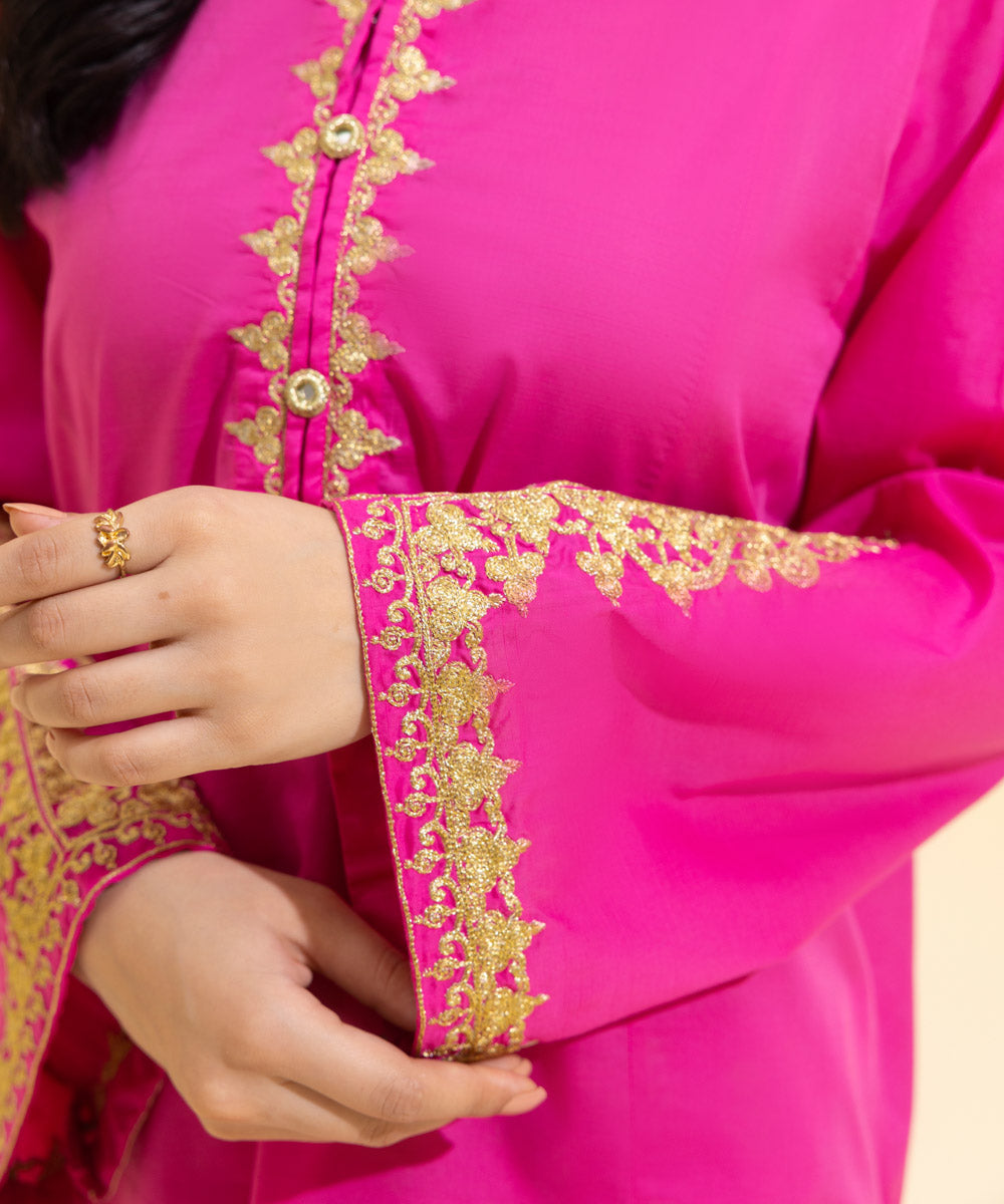 Women's Eid Pret Textured Cotton Embroidered Hot Pink 2 Piece Suit